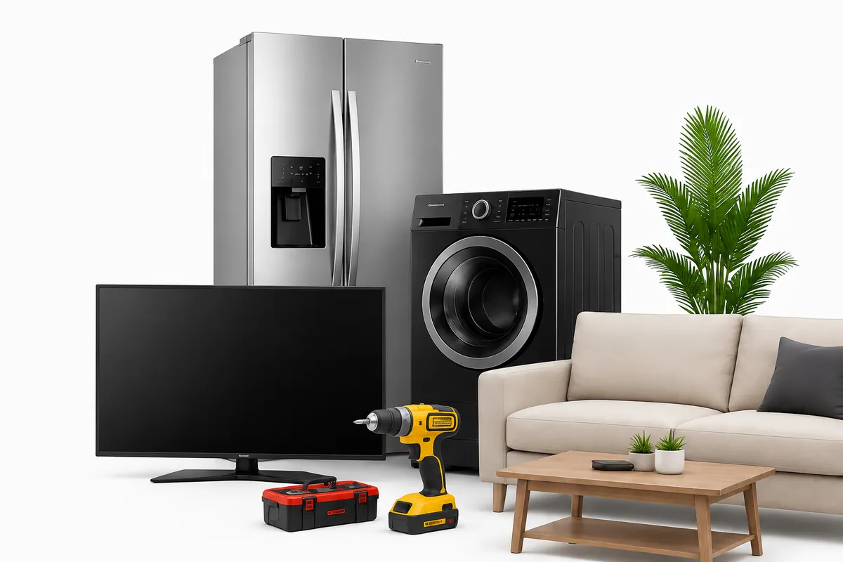 Refrigerator, washing machine, TV, cordless drill, and sofa — the kind of major-retailer merchandise Price Drop carries