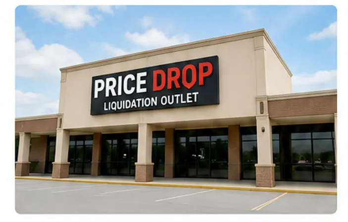Price Drop Liquidation Outlet storefront — tan retail building with large glass windows, parking lot, and store signage